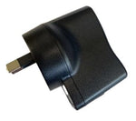 The Pet Control HQ 5V USB Adaptor Plug for Deluxe Electric Dog Fence is shown in a side view against a pristine white background, highlighting its sleek black design with three prongs.