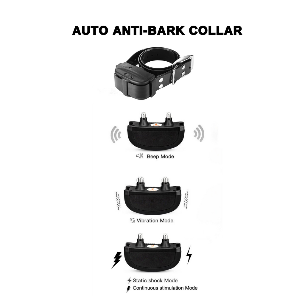 Anti-bark collar showcasing beep, vibration, and static stimulation modes