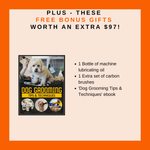 Promotional graphic for dog grooming tips and techniques book with free bonus gifts on a beige and orange background.